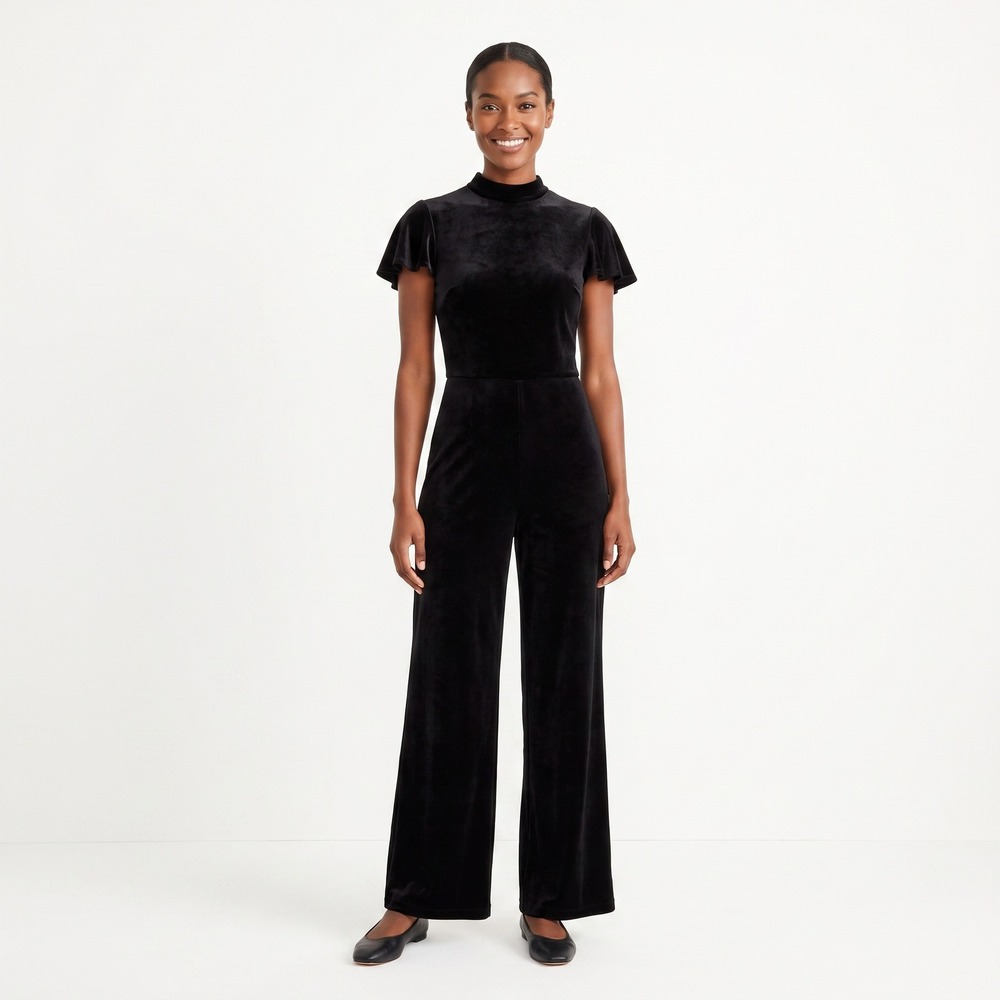 ModCloth Black Velvet Mock Neck Flutter Sleeve Wide Leg Party Jumpsuit XS NWT